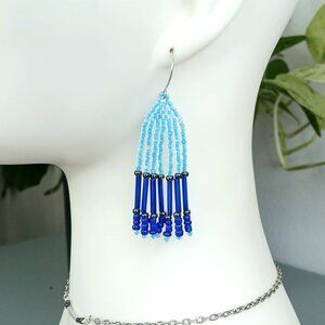 BOGO EARRINGS - Blue Boho Beaded Fringe Dangle Earrings, 2.75"